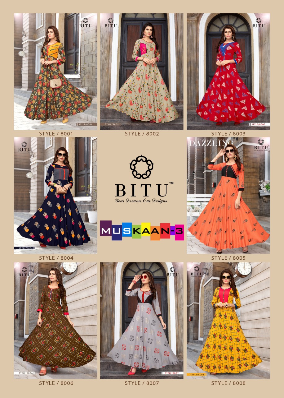 Muskaan Vol-3 By Bitu 8001 To 8008 Series Designer Stylish Beautiful Fancy Colorful Party Wear & Ethnic Wear & Ready To Wear Rayon Print Kurtis At Wholesale Price