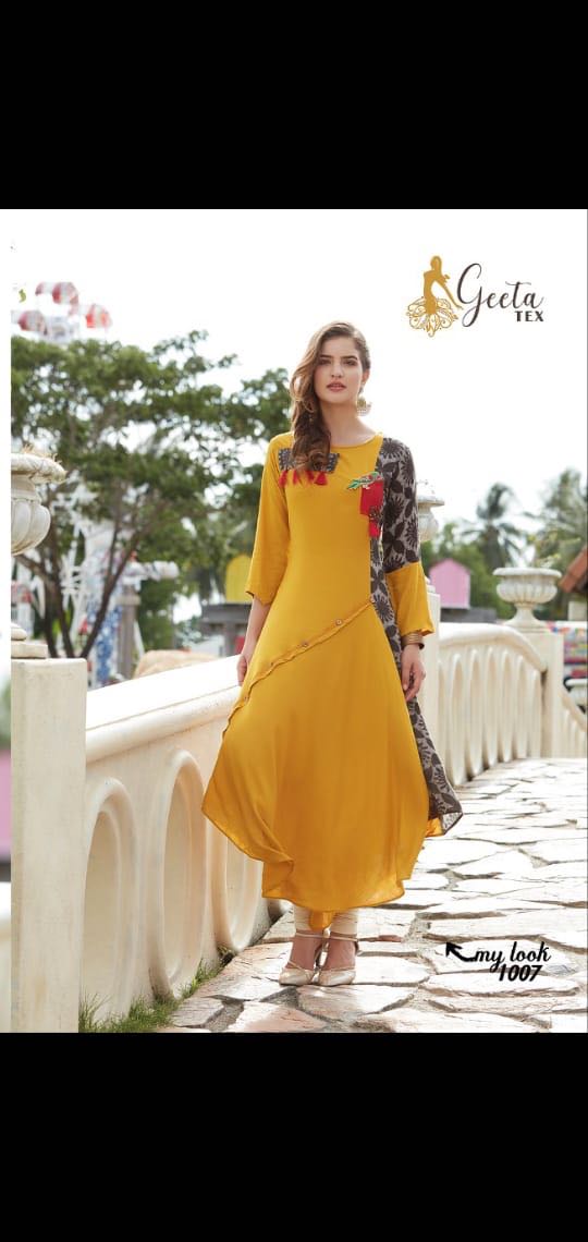 My Look By Geeta Tex 1001 To 1009 Series Beautiful Stylish Fancy Colorful Casual Wear & Ethnic Wear & Ready To Wear Pure Rayon Printed Kurtis At Wholesale Price