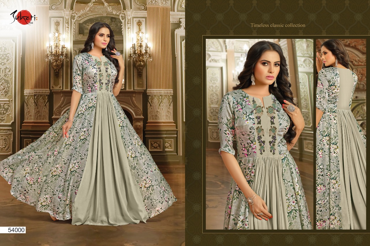 Myra Vol-5 By Suhati Fab 54000 To 54009 Series Designer Gown Collection Beautiful Colorful Stylish Fancy Party Wear & Ready To Wear & Ethnic Wear Satin & Muslin Silk Gowns At Wholesale Price