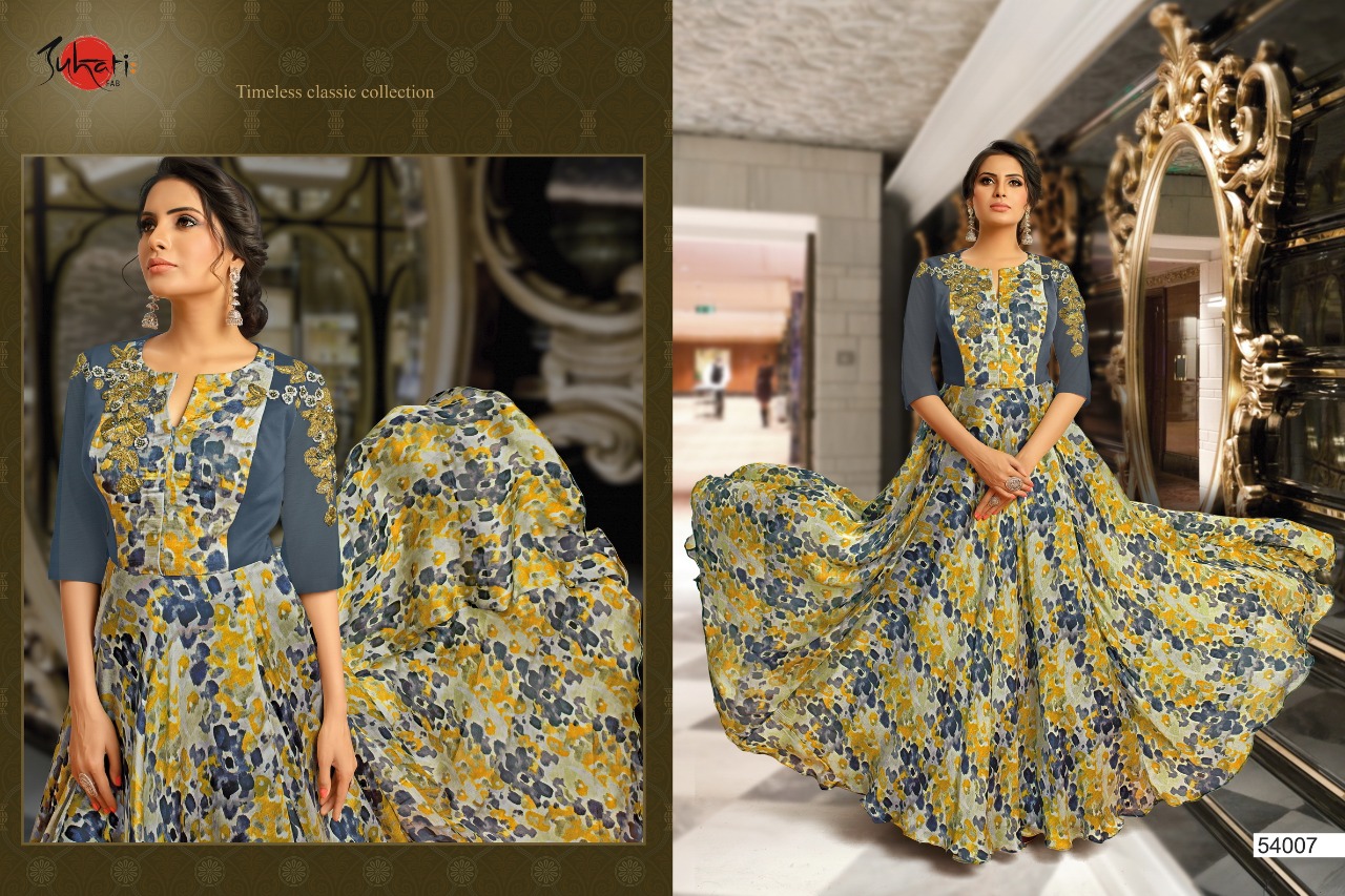 Myra Vol-5 By Suhati Fab 54000 To 54009 Series Designer Gown Collection Beautiful Colorful Stylish Fancy Party Wear & Ready To Wear & Ethnic Wear Satin & Muslin Silk Gowns At Wholesale Price