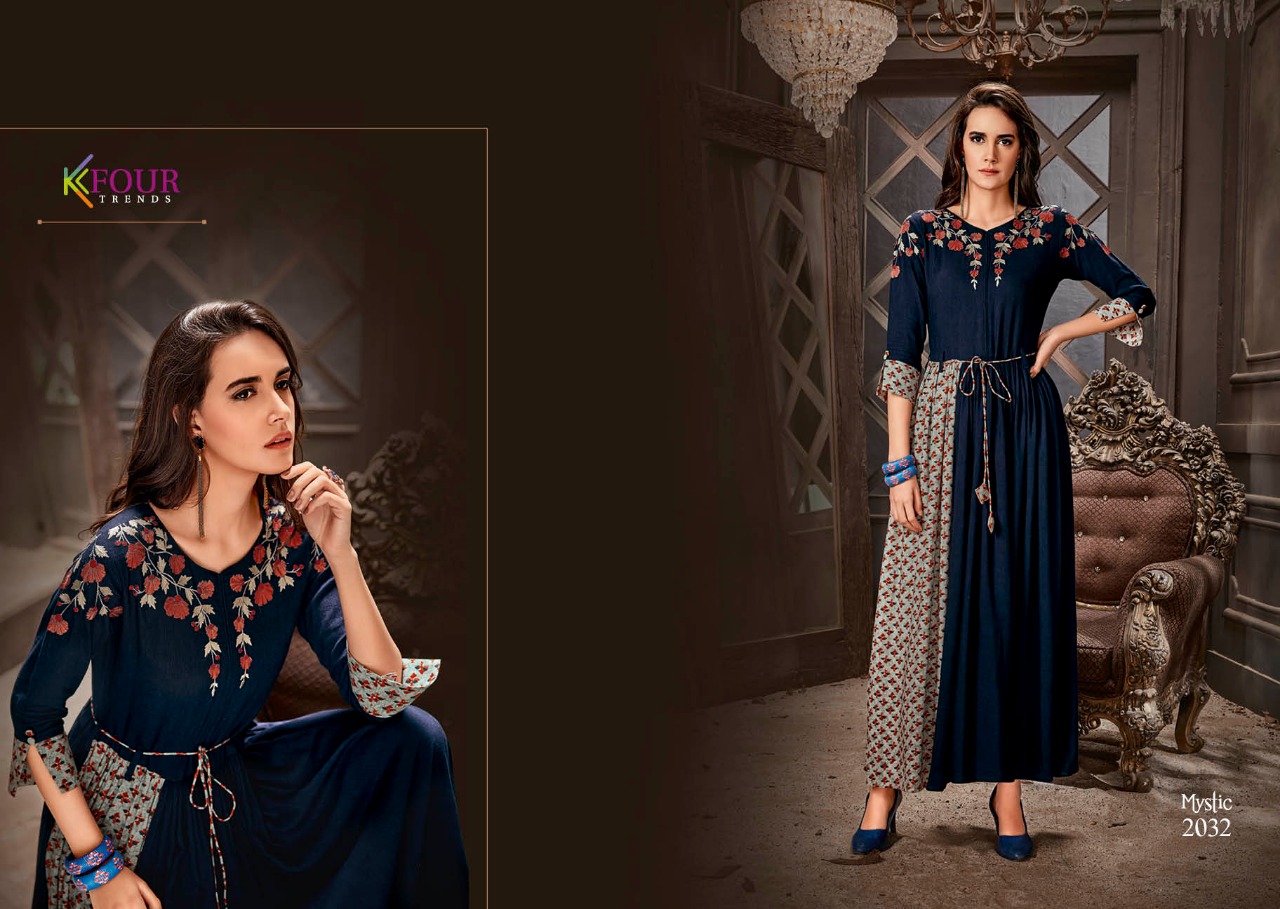 Mystic By Kfour Trends 2031 To 2037 Series Beautiful Colorful Stylish Fancy Casual Wear & Ethnic Wear & Ready To Wear Rayon Flex Embroidered Kurtis At Wholesale Price