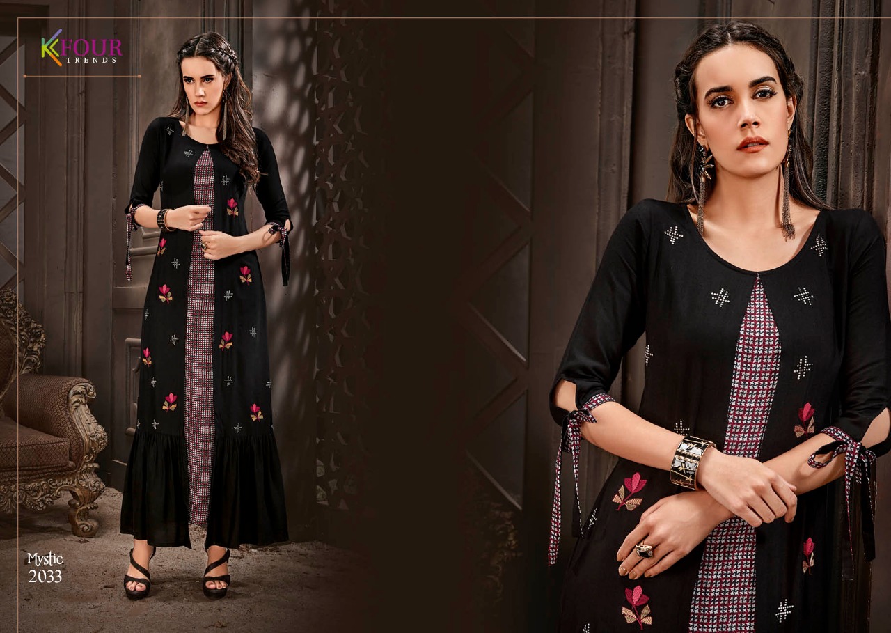 Mystic By Kfour Trends 2031 To 2037 Series Beautiful Colorful Stylish Fancy Casual Wear & Ethnic Wear & Ready To Wear Rayon Flex Embroidered Kurtis At Wholesale Price