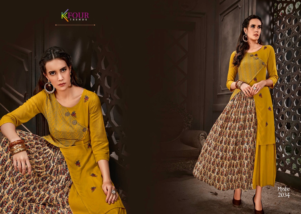 Mystic By Kfour Trends 2031 To 2037 Series Beautiful Colorful Stylish Fancy Casual Wear & Ethnic Wear & Ready To Wear Rayon Flex Embroidered Kurtis At Wholesale Price