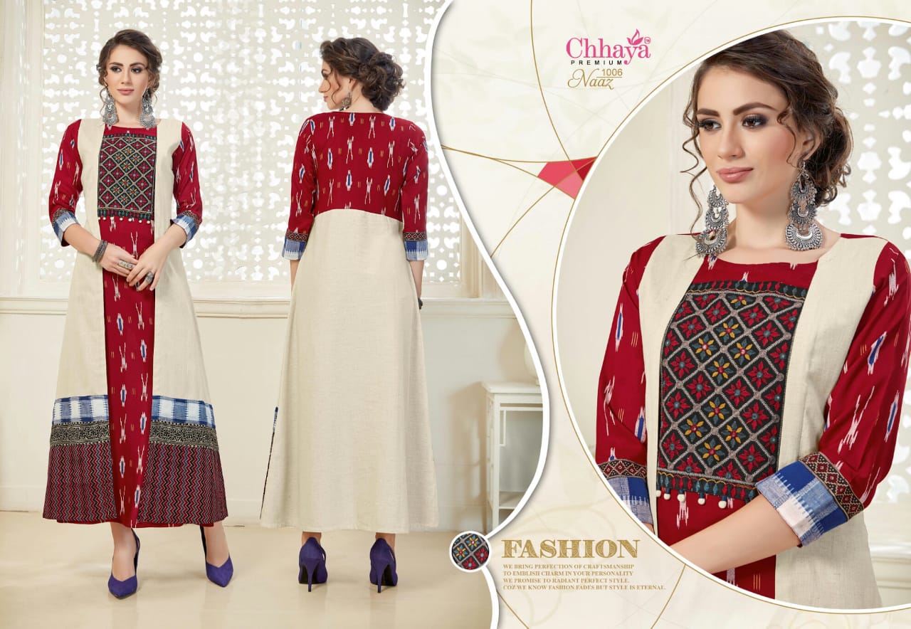 Naaz By Chhaya 1001 To 1007 Series Beautiful Colorful Stylish Fancy Casual Wear & Ethnic Wear & Ready To Wear Heavy Rayon Printed & Embroidered Kurtis At Wholesale Price