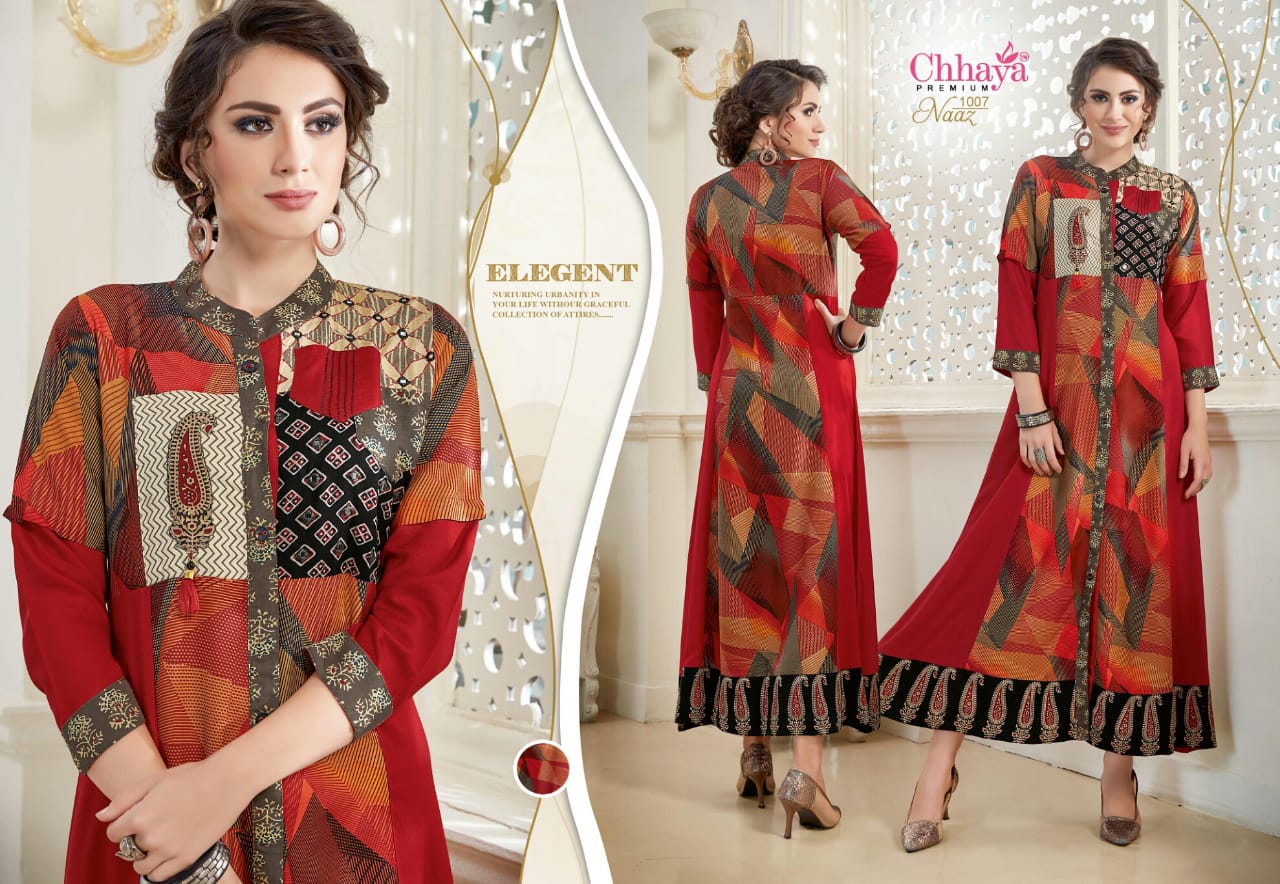 Naaz By Chhaya 1001 To 1007 Series Beautiful Colorful Stylish Fancy Casual Wear & Ethnic Wear & Ready To Wear Heavy Rayon Printed & Embroidered Kurtis At Wholesale Price