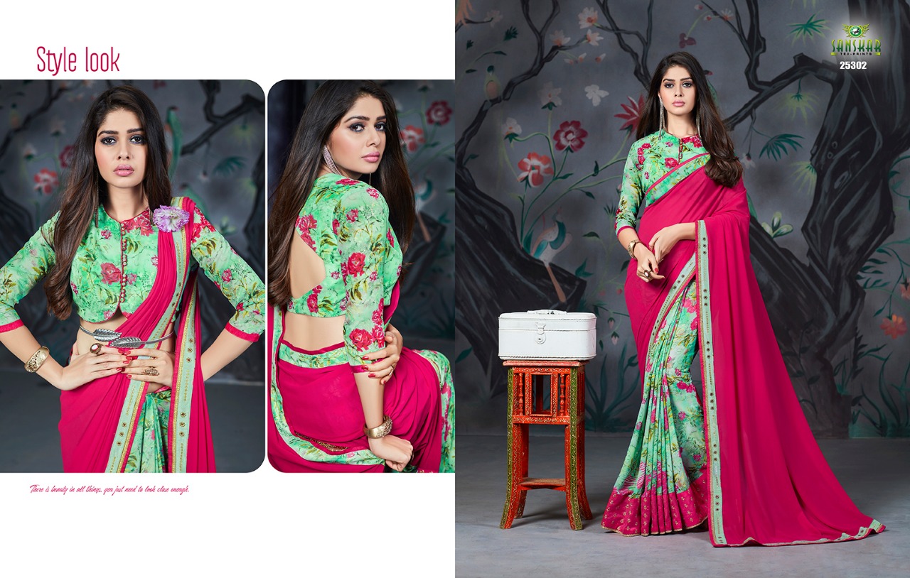 Naksh By Sanskar Tex Print 25301 To 25312 Series Indian Traditional Wear Collection Beautiful Stylish Fancy Colorful Party Wear & Occasional Wear Chiffon And Georgette Printed Sarees At Wholesale Price