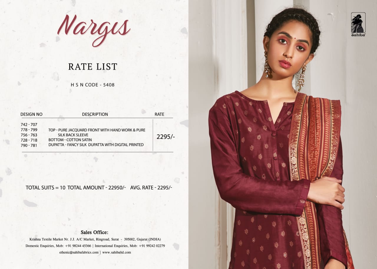 Nargis By Sahiba Fabrics Beautiful Stylish Fancy Colorful Casual Wear & Ethnic Wear Pure Jacquard Front And Silk Back Sleeve Dresses At Wholesale Price