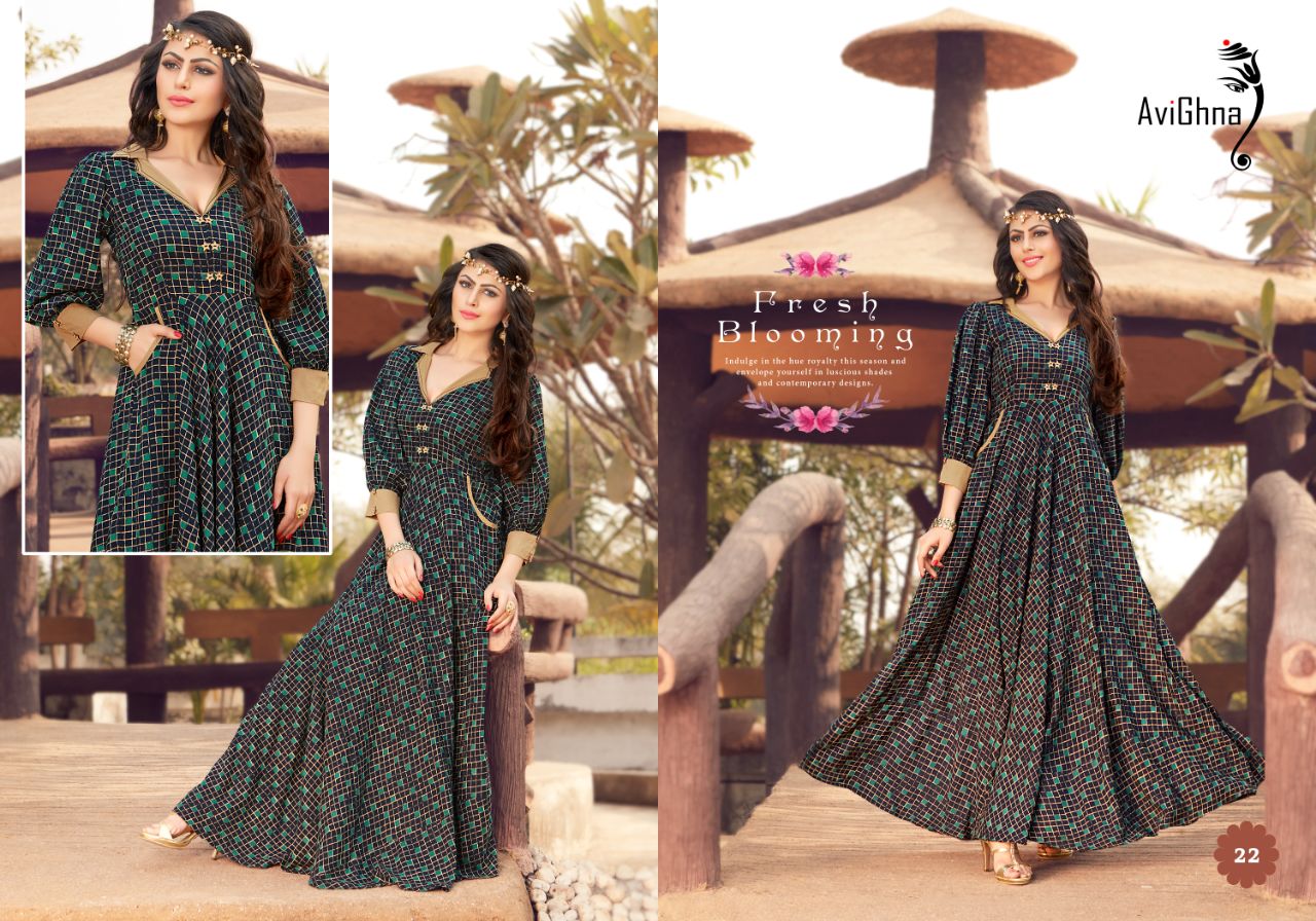 Navlika Vol-1 By Avighna Creation 21 To 30 Series Beautiful Colorful Stylish Fancy Casual Wear & Ethnic Wear & Ready To Wear Heavy Rayon Printed & Work Kurtis At Wholesale Price
