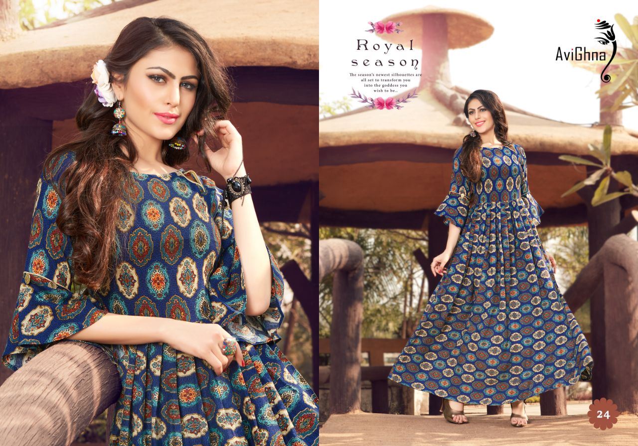 Navlika Vol-1 By Avighna Creation 21 To 30 Series Beautiful Colorful Stylish Fancy Casual Wear & Ethnic Wear & Ready To Wear Heavy Rayon Printed & Work Kurtis At Wholesale Price