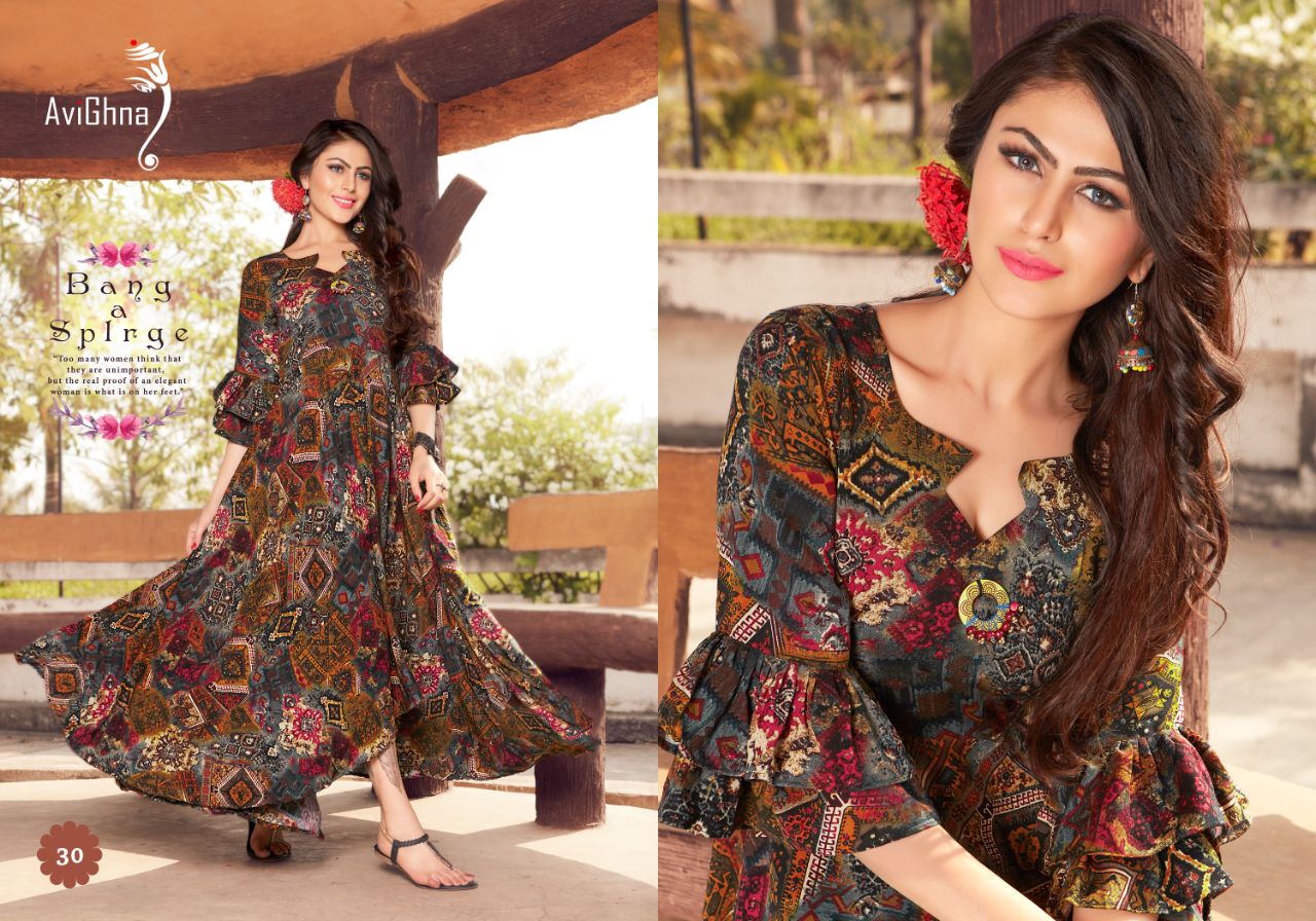 Navlika Vol-1 By Avighna Creation 21 To 30 Series Beautiful Colorful Stylish Fancy Casual Wear & Ethnic Wear & Ready To Wear Heavy Rayon Printed & Work Kurtis At Wholesale Price