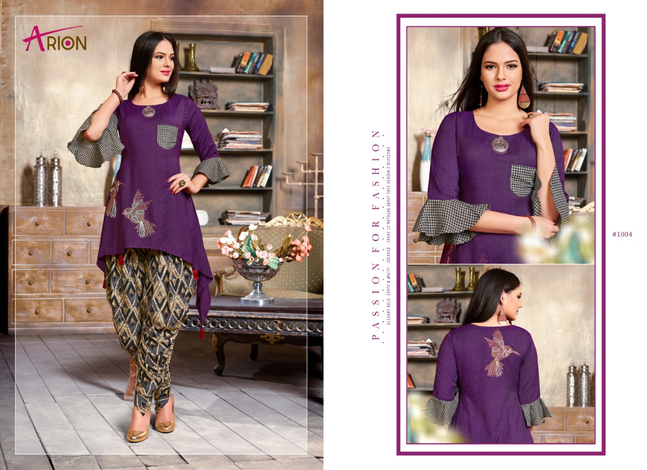Navnika By Arion 1001 To 1005 Series Beautiful Stylish Colorful Fancy Party Wear & Ethnic Wear & Ready To Wear Rayon Printed Kurtis & Palazzos At Wholesale Price