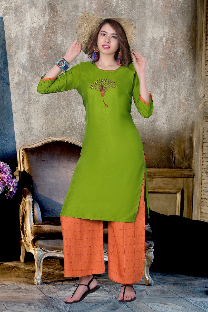 Nayra By Kenzer Creation 01 To 08 Series Beautiful Stylish Fancy Colorful Casual Wear & Ethnic Wear & Ready To Wear Rayon Embroidered Kurtis & Palazzos At Wholesale Price