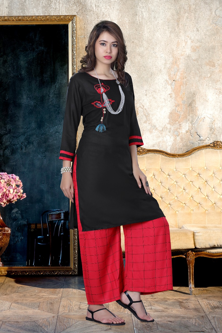 Nayra By Kenzer Creation 01 To 08 Series Beautiful Stylish Fancy Colorful Casual Wear & Ethnic Wear & Ready To Wear Rayon Embroidered Kurtis & Palazzos At Wholesale Price
