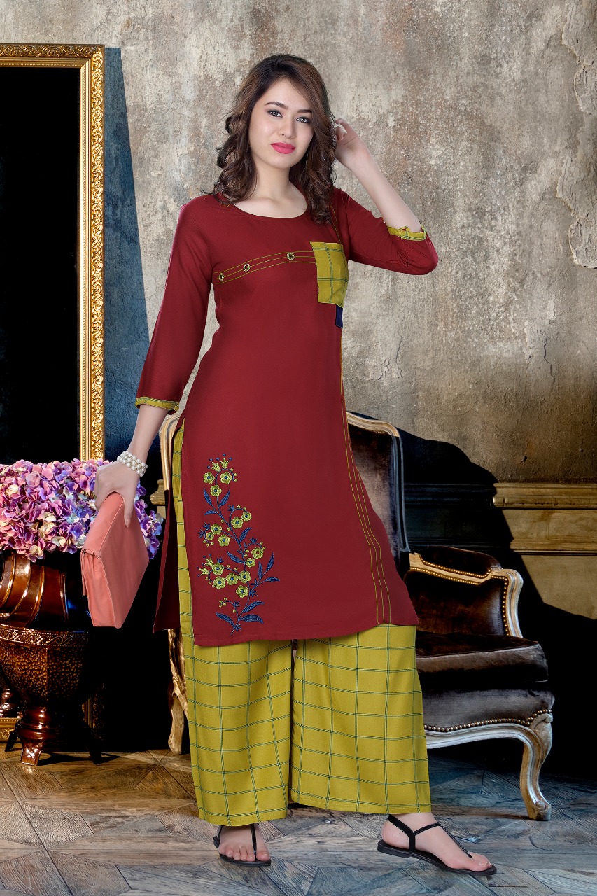 Nayra By Kenzer Creation 01 To 08 Series Beautiful Stylish Fancy Colorful Casual Wear & Ethnic Wear & Ready To Wear Rayon Embroidered Kurtis & Palazzos At Wholesale Price