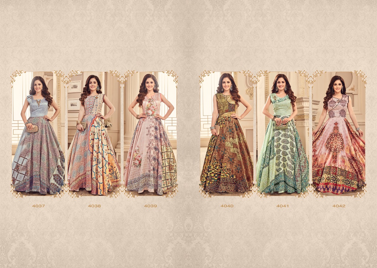 Nayra By Meraki 4037 To 4042 Series Designer Collection Gowns Beautiful Stylish Fancy Colorful Party Wear & Occasional Wear Heavy Modal Printed Gowns At Wholesale Price