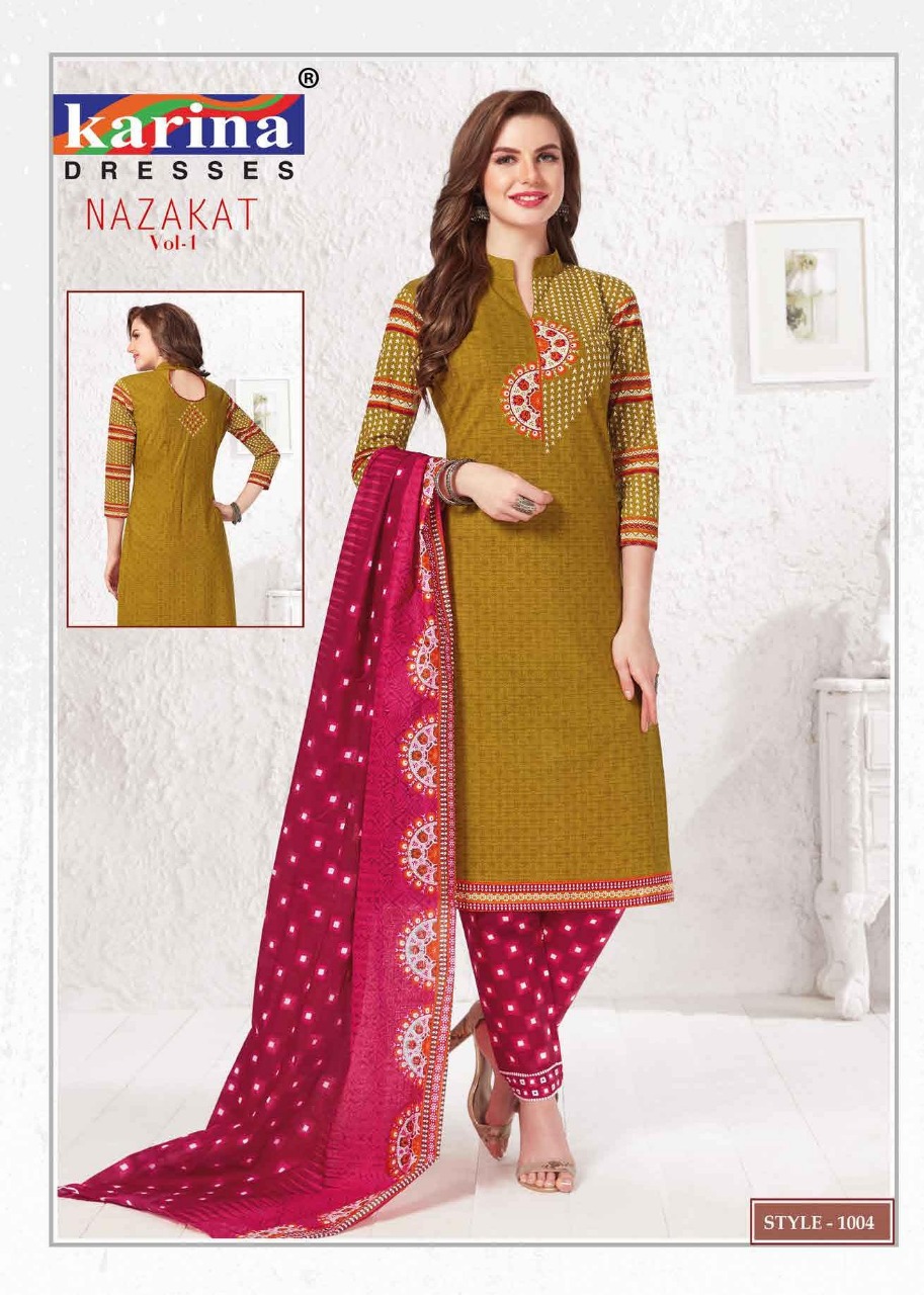 Nazakat Vol-1 By Karina Dresses 1001 To 1012 Series Indian Traditional Wear Collection Beautiful Stylish Fancy Colorful Party Wear & Occasional Wear Cotton Printed Dress At Wholesale Price