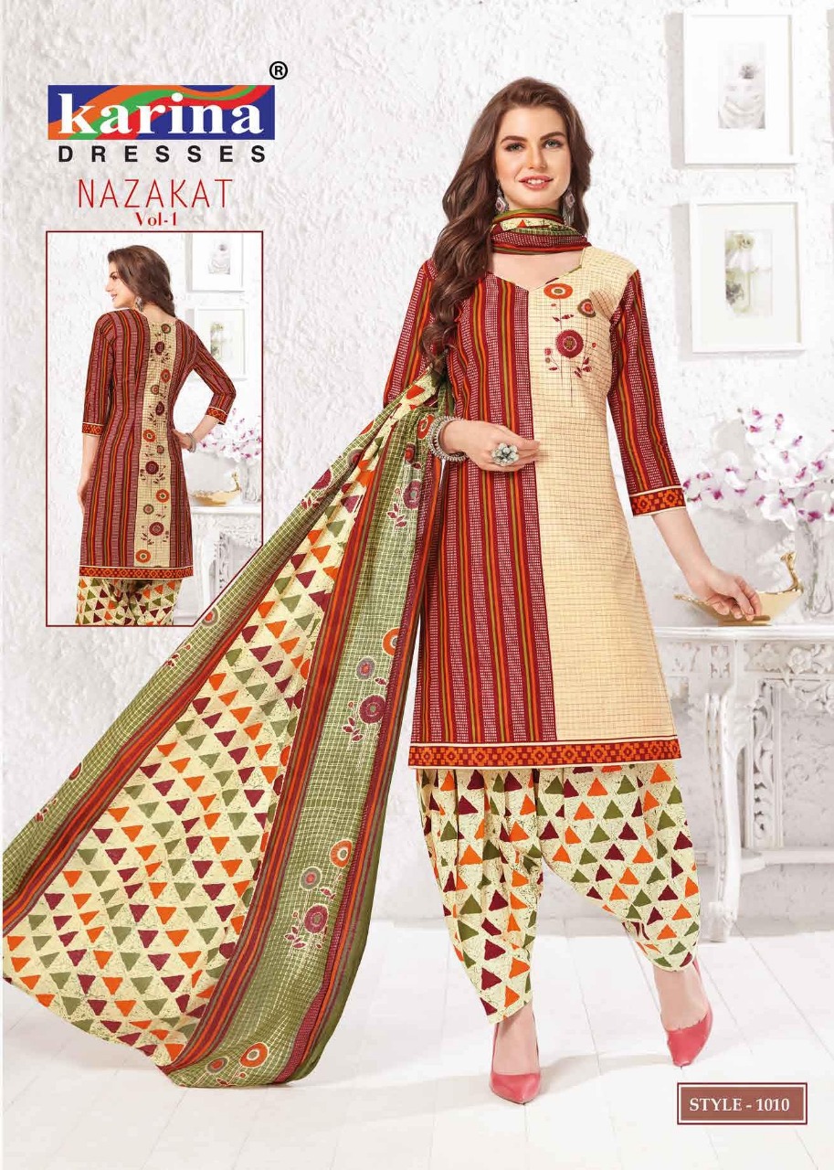 Nazakat Vol-1 By Karina Dresses 1001 To 1012 Series Indian Traditional Wear Collection Beautiful Stylish Fancy Colorful Party Wear & Occasional Wear Cotton Printed Dress At Wholesale Price