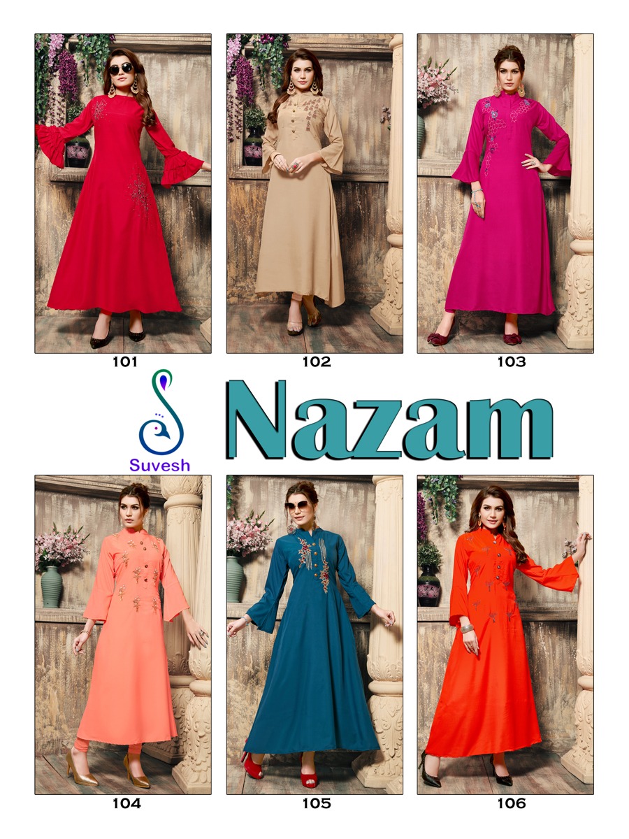 Nazam By Suvesh 101 To 106 Series Beautiful Colorful Stylish Fancy Casual Wear & Ethnic Wear & Ready To Wear Maslin Printed Kurtis At Wholesale Price