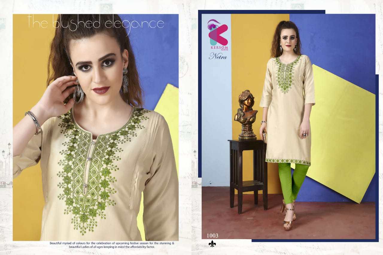 Netra By Kersom 1001 To 1004 Series Beautiful Colorful Stylish Fancy Casual Wear & Ethnic Wear & Ready To Wear Heavy Jam Satin Kurtis At Wholesale Price