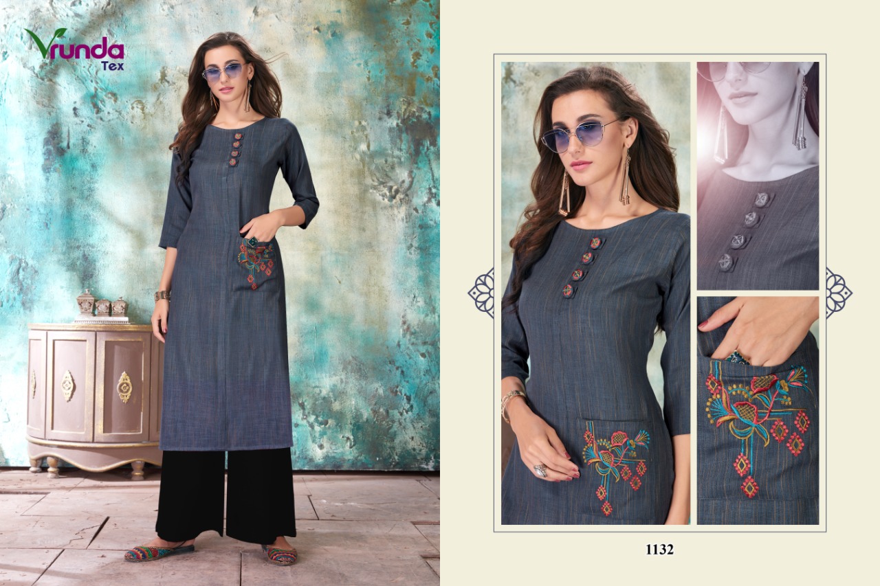 Nirva By Vrunda Tex  1131 To 1136 Series Designer Wear Collection Beautiful Stylish Fancy Colorful Party Wear & Occasional Wear Heavy Rayon Duplex Slub With Embroidery Kurti   At Wholesale Price