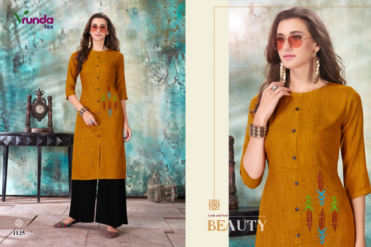 Nirva By Vrunda Tex  1131 To 1136 Series Designer Wear Collection Beautiful Stylish Fancy Colorful Party Wear & Occasional Wear Heavy Rayon Duplex Slub With Embroidery Kurti   At Wholesale Price