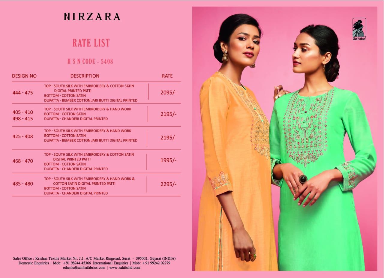 Nirzara By Sahiba Fabrics Designer Pakistani Suits Collection Beautiful Stylish Fancy Colorful Party Wear & Ethnic Wear South Silk Embroidered Dresses At Wholesale Price