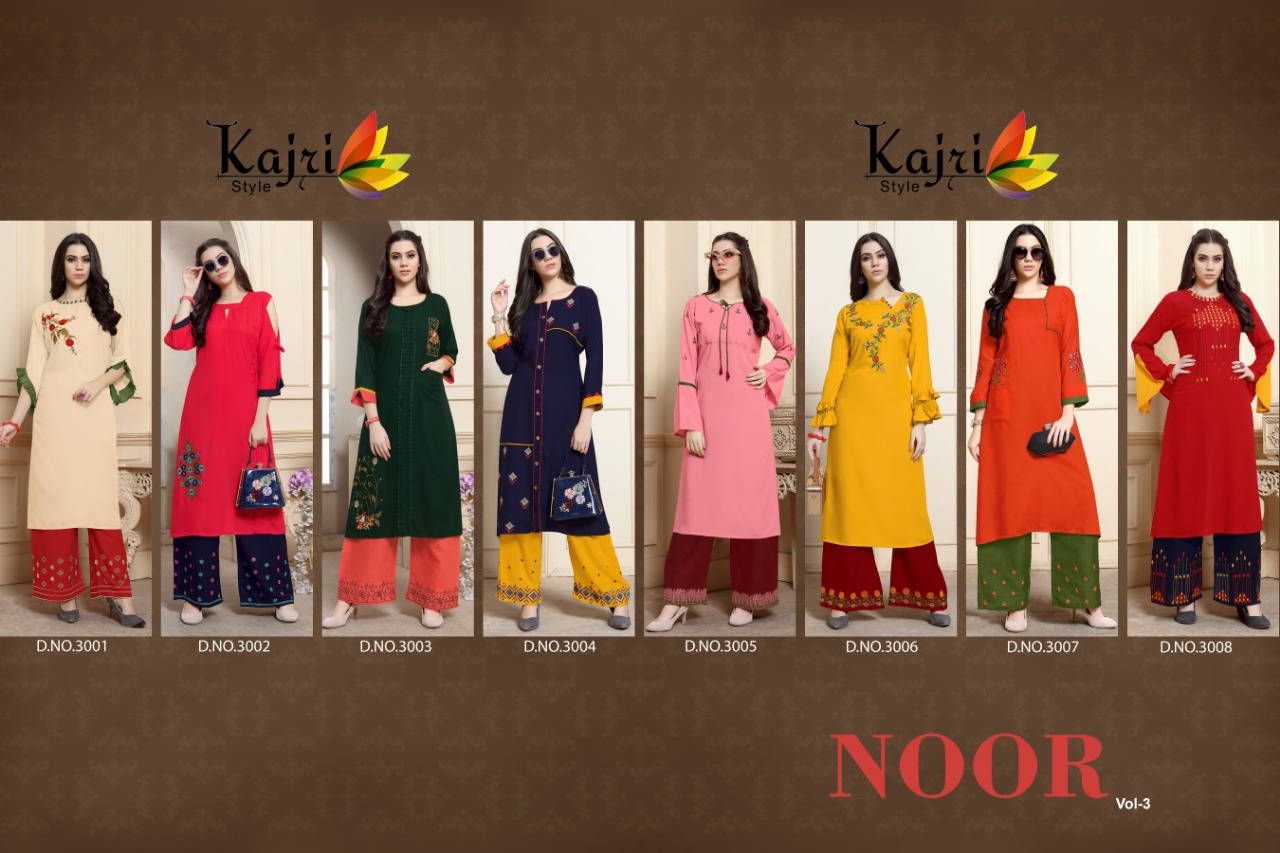 Noor Vol-3 By Kajri Style 3001 To 3008 Series Beautiful Stylish Colorful Fancy Party Wear & Ethnic Wear & Ready To Wear Heavy Rayon With Heavy Work Kurtis At Wholesale Price
