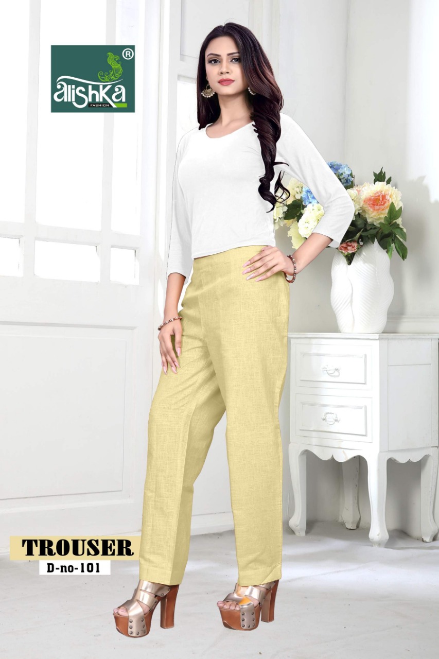 Only Trouser Pants 101 Series By Alishka Fashion 101 To 112 Designer Wear Collection Beautiful Stylish Fancy Colorful Party Wear & Occasional Wear Cotton Linen Base Pant At Wholesale Price