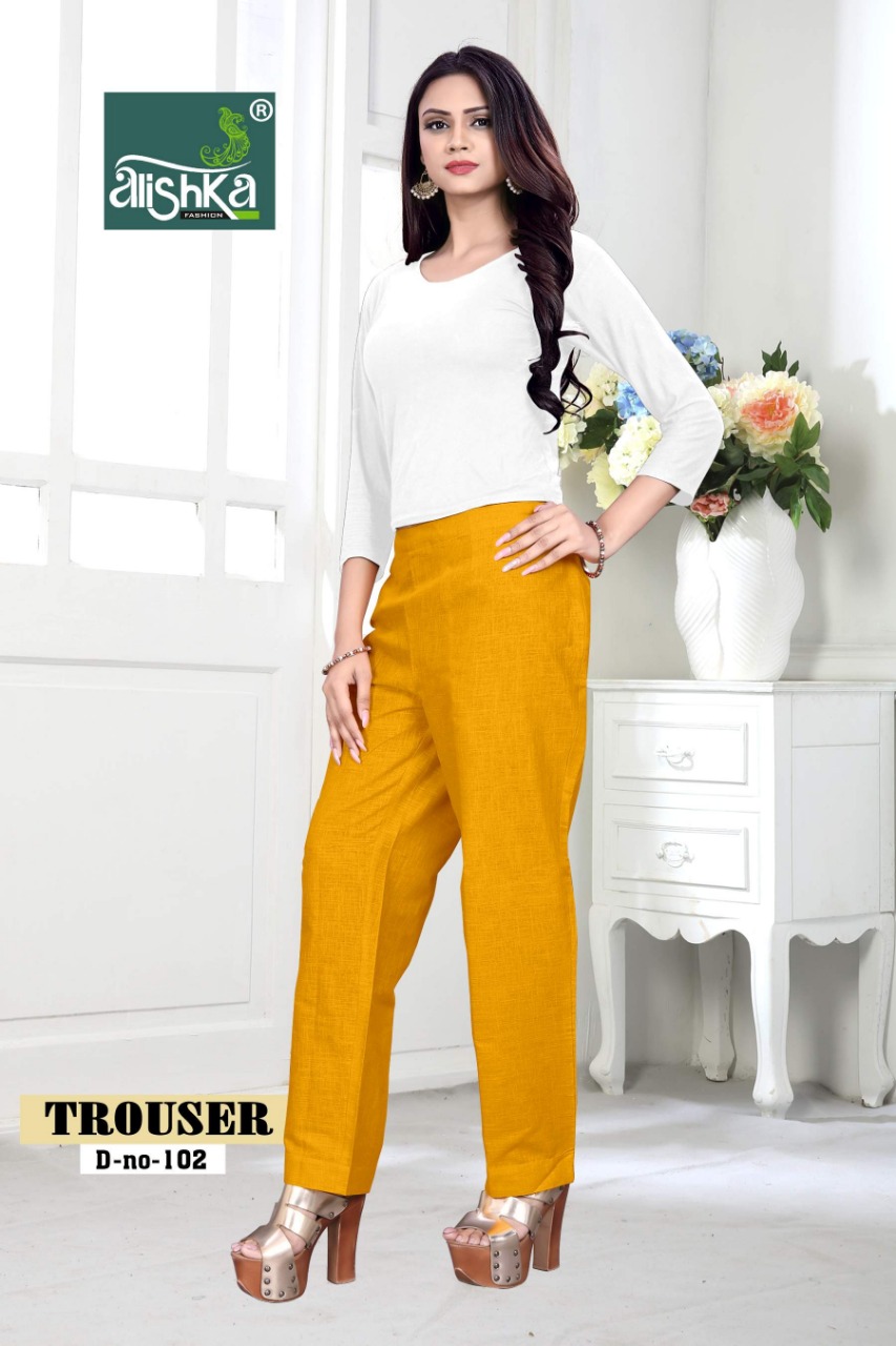 Only Trouser Pants 101 Series By Alishka Fashion 101 To 112 Designer Wear Collection Beautiful Stylish Fancy Colorful Party Wear & Occasional Wear Cotton Linen Base Pant At Wholesale Price