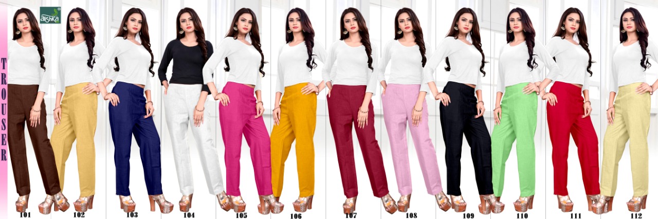 Only Trouser Pants 101 Series By Alishka Fashion 101 To 112 Designer Wear Collection Beautiful Stylish Fancy Colorful Party Wear & Occasional Wear Cotton Linen Base Pant At Wholesale Price