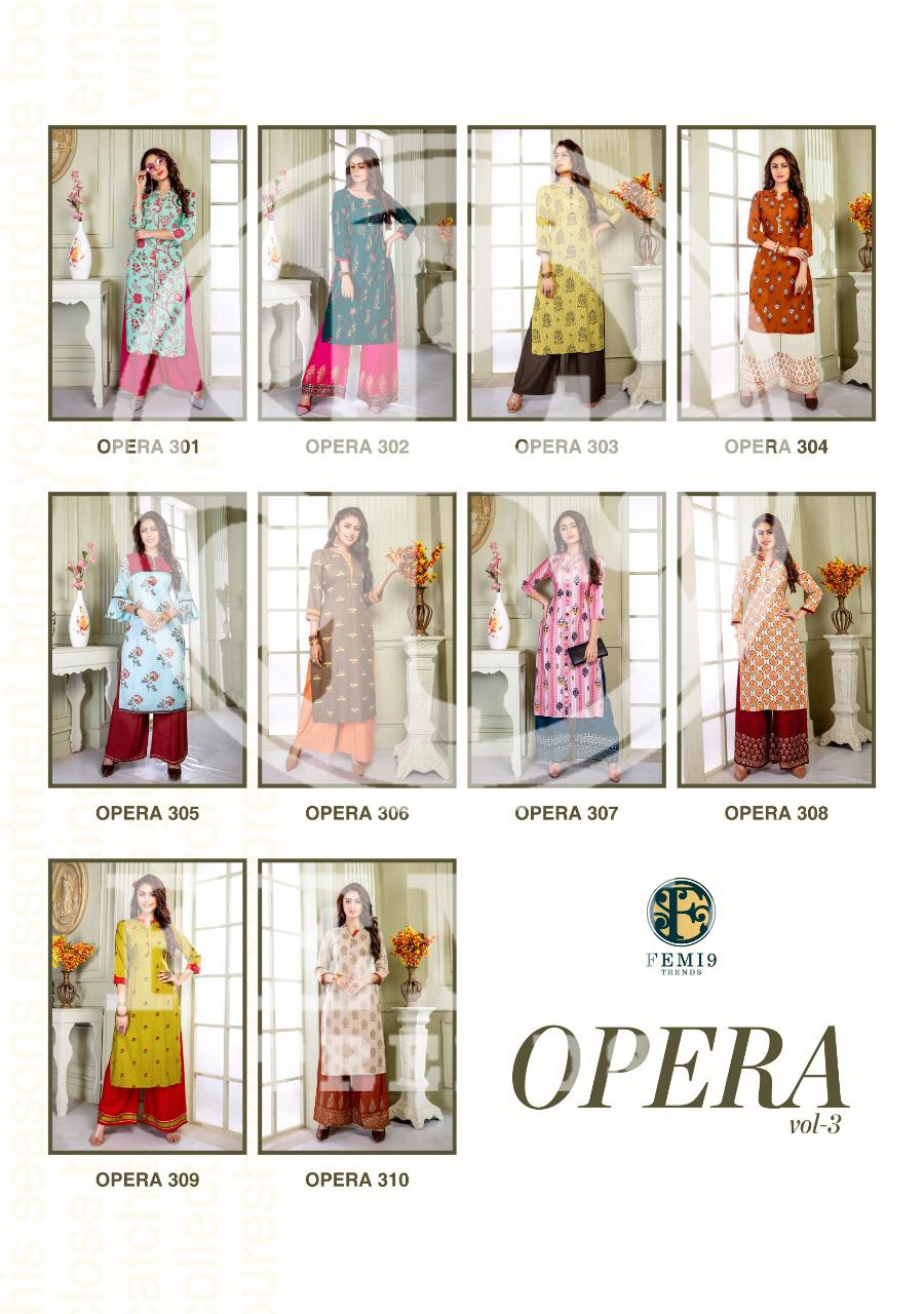 Opera Vol-3 By Femi9 Trends 301 To 310 Series Beautiful Colorful Stylish Fancy Casual Wear & Ethnic Wear & Ready To Wear Rayon Kurtis With Bottom At Wholesale Price