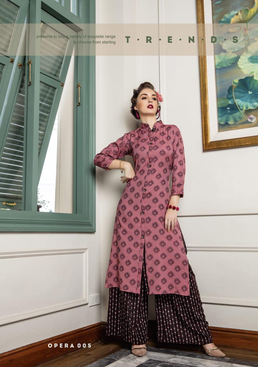 Opera By Femi9 Trends 001 To 010 Series Beautiful Colorful Stylish Fancy Casual Wear & Ethnic Wear & Ready To Wear Heavy Rayon Printed Kurtis With Palazzo At Wholesale Price