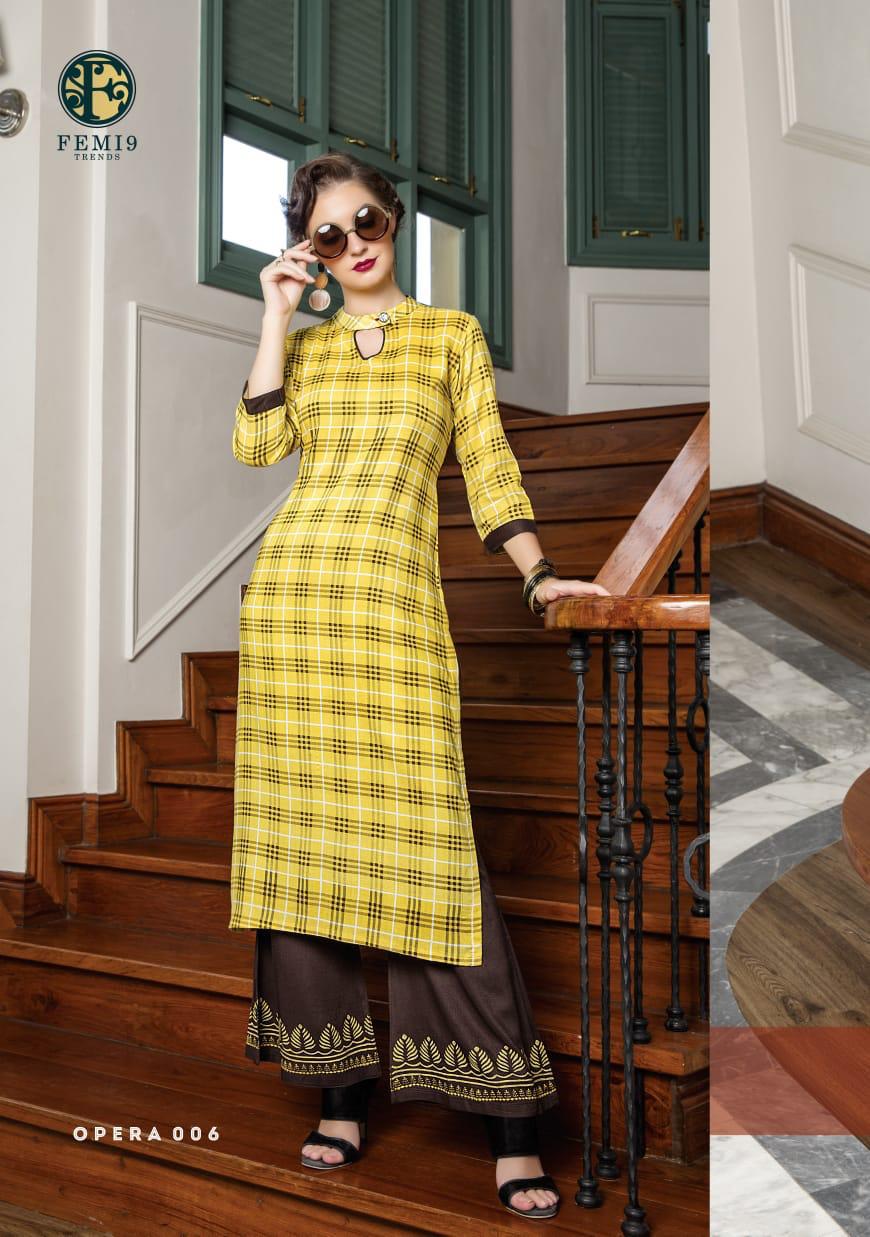 Opera By Femi9 Trends 001 To 010 Series Beautiful Colorful Stylish Fancy Casual Wear & Ethnic Wear & Ready To Wear Heavy Rayon Printed Kurtis With Palazzo At Wholesale Price