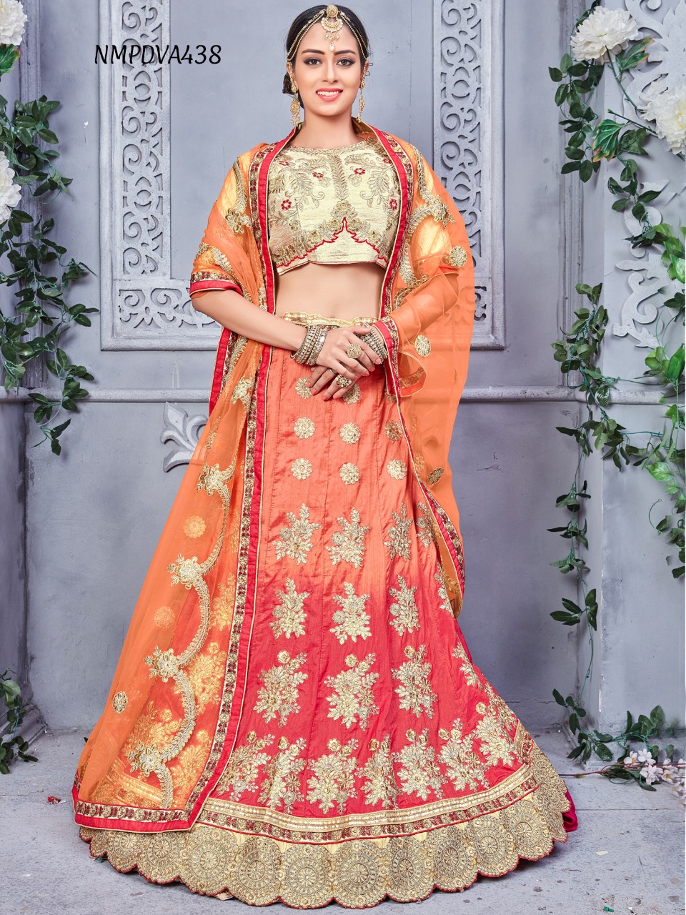Coral Color Raw Silk Lehenga with Mirror and Gotta Embroidery PADMAVAT –  Panache Haute Couture