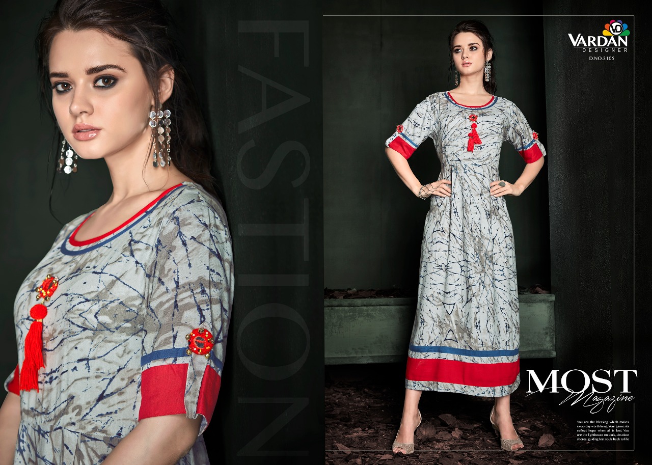 Pakiza Vol-1 By Vardan Designer 3101 To 3108 Series Designer Beautiful Stylish Fancy Colorful Casual Wear & Ethnic Wear Collection Rayon Printed Kurtis At Wholesale Price