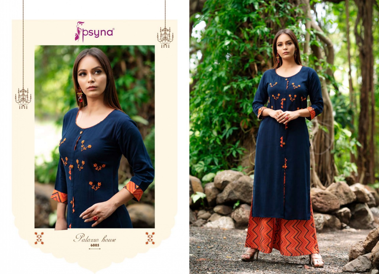 Palazzo House Vol-6 By Psyna 6001 To 6012 Series Beautiful Colorful Stylish Fancy Casual Wear & Ethnic Wear & Ready To Wear Heavy Rayon Slub Dyed Kurtis & Palazzos At Wholesale Price