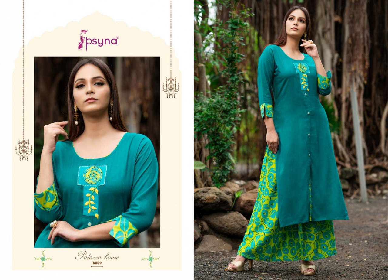 Palazzo House Vol-6 By Psyna 6001 To 6012 Series Beautiful Colorful Stylish Fancy Casual Wear & Ethnic Wear & Ready To Wear Heavy Rayon Slub Dyed Kurtis & Palazzos At Wholesale Price