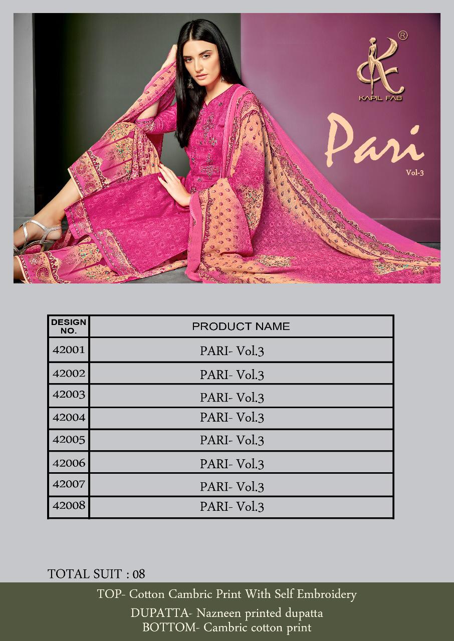 Pari Vol-3 By Kapil Fab 42001 To 42008 Series Beautiful Suits Stylish Fancy Colorful Casual Wear & Ethnic Wear Collection Pure Cotton Cambric Print With Embroidery Dresses At Wholesale Price