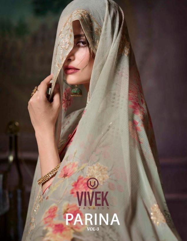 Parina Vol-3 By Vivek Fashion 8801 To 8808 Series Suits Collection Beautiful Stylish Fancy Colorful Casual Wear & Ethnic Wear Pure Viscose Georgette Digital Printed With Embroidery Work Dresses At Wholesale Price