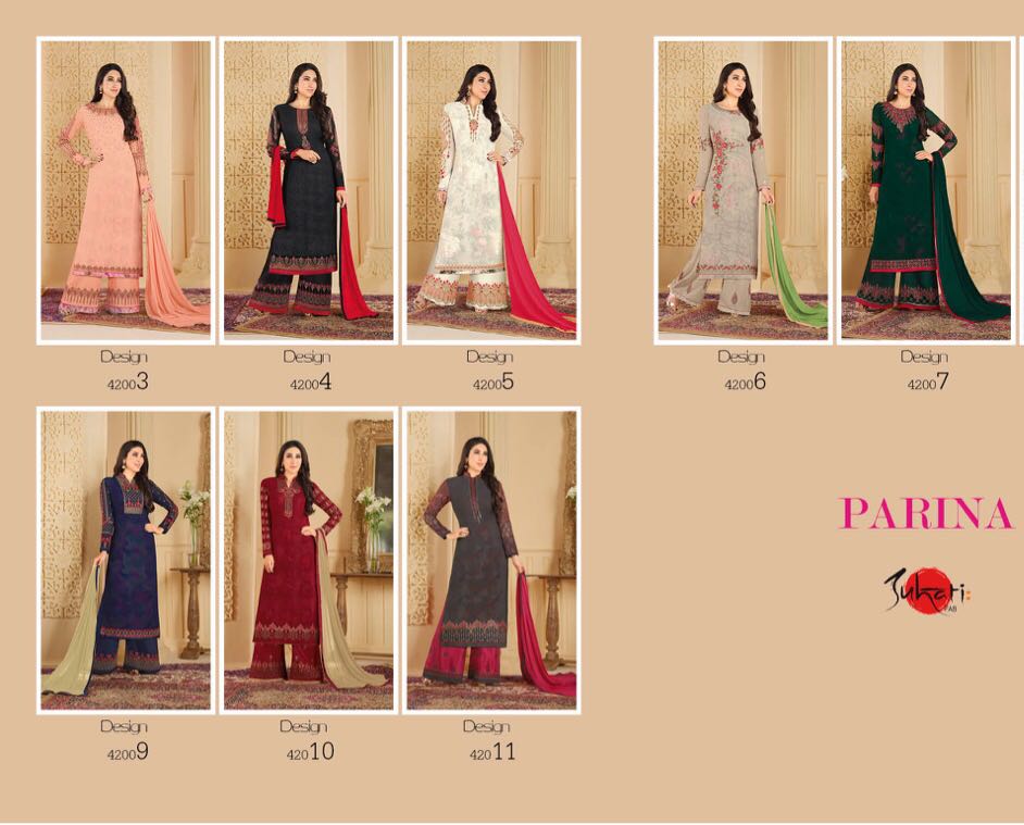 Parina By Suhati Fab 42003 To 42011 Series Beautiful Suits Stylish Colorful Fancy Party Wear & Ethnic Wear Faux Georgette Inner Printed Dresses At Wholesale Price