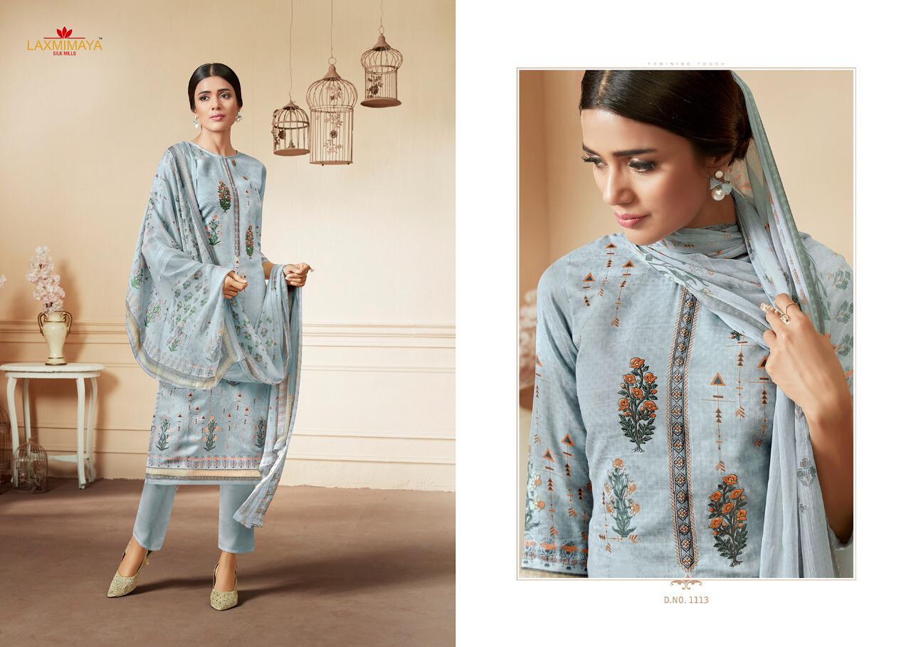 Parnika By Laxmimaya Silk Mills 1111 To 1120  Series Designer Suits Beautiful Stylish Fancy Colorful Party Wear & Occasional Wear Pure Cotton Satin Digital Style Print With Exclusive Neck Embroidery Work  Dresses At Wholesale Price