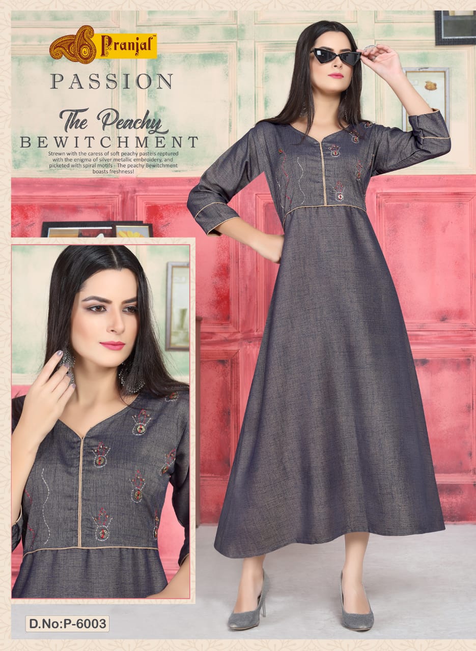 Passion Vol-6 By Pranjal 6001 To 6005 Series Beautiful Stylish Colorful Fancy Party Wear & Ethnic Wear & Ready To Wear Rayon 2 Tone Slub Kurtis At Wholesale Price