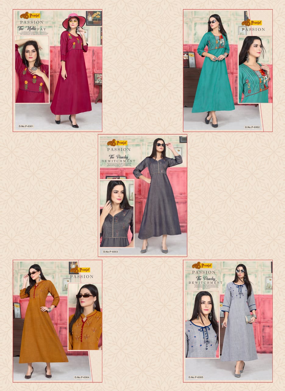 Passion Vol-6 By Pranjal 6001 To 6005 Series Beautiful Stylish Colorful Fancy Party Wear & Ethnic Wear & Ready To Wear Rayon 2 Tone Slub Kurtis At Wholesale Price