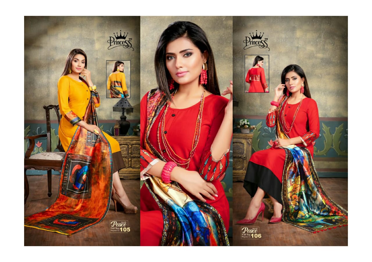 Peace By Princess 1001 To 1012 Series Beautiful Colorful Stylish Fancy Casual Wear & Ethnic Wear & Ready To Wear Heavy Rayon Slub Kurtis With Dupatta At Wholesale Price