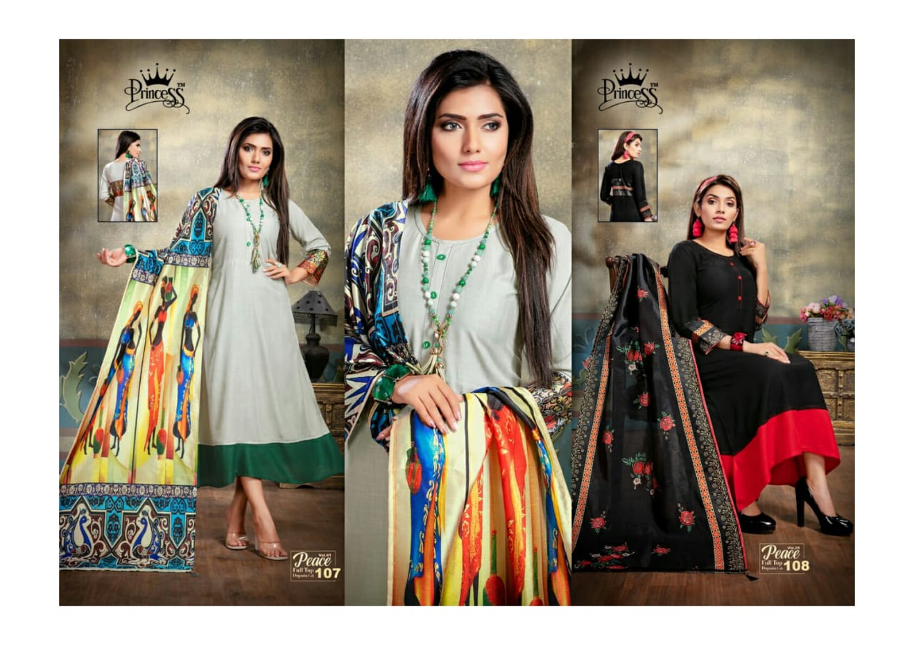 Peace By Princess 1001 To 1012 Series Beautiful Colorful Stylish Fancy Casual Wear & Ethnic Wear & Ready To Wear Heavy Rayon Slub Kurtis With Dupatta At Wholesale Price