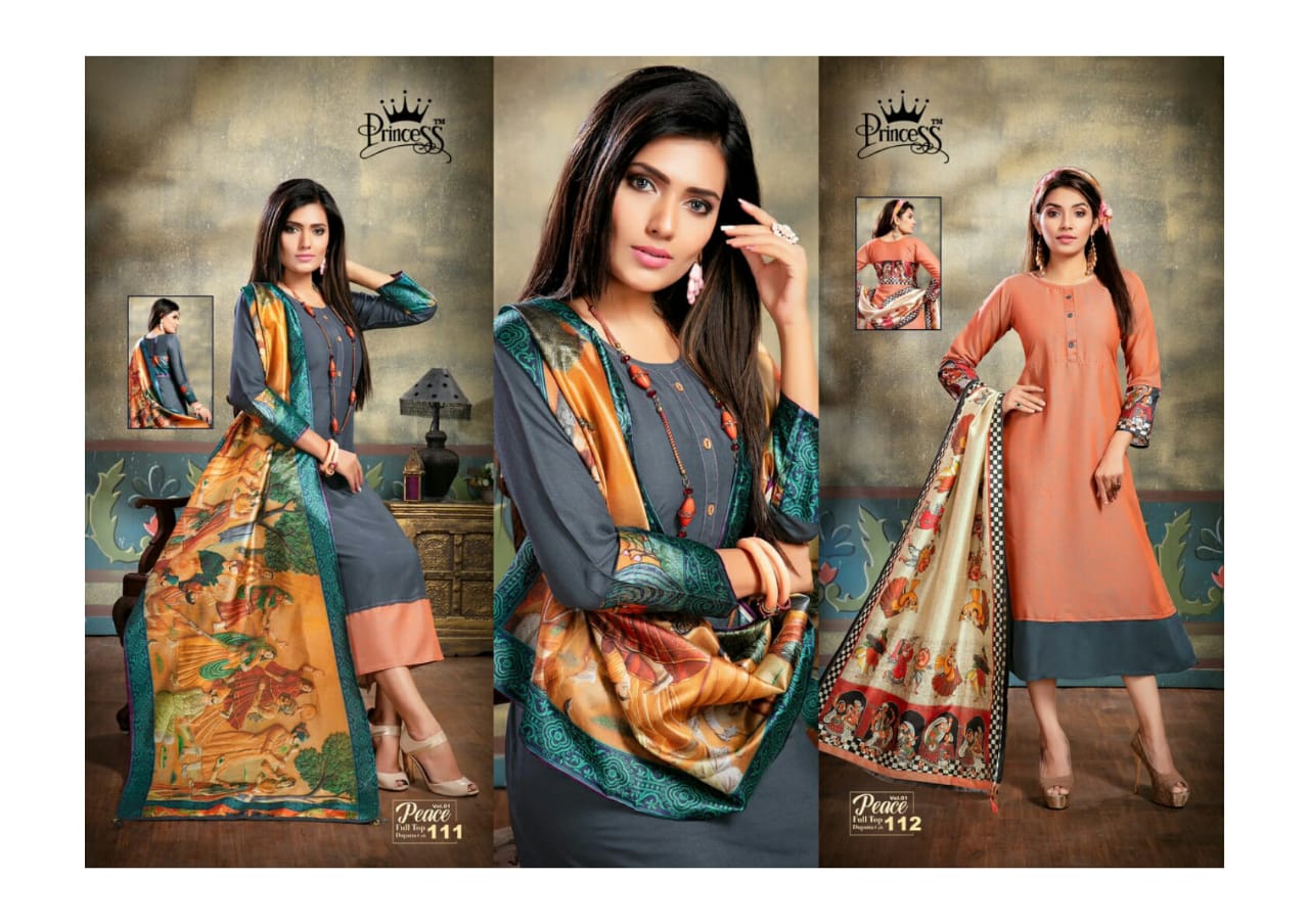 Peace By Princess 1001 To 1012 Series Beautiful Colorful Stylish Fancy Casual Wear & Ethnic Wear & Ready To Wear Heavy Rayon Slub Kurtis With Dupatta At Wholesale Price