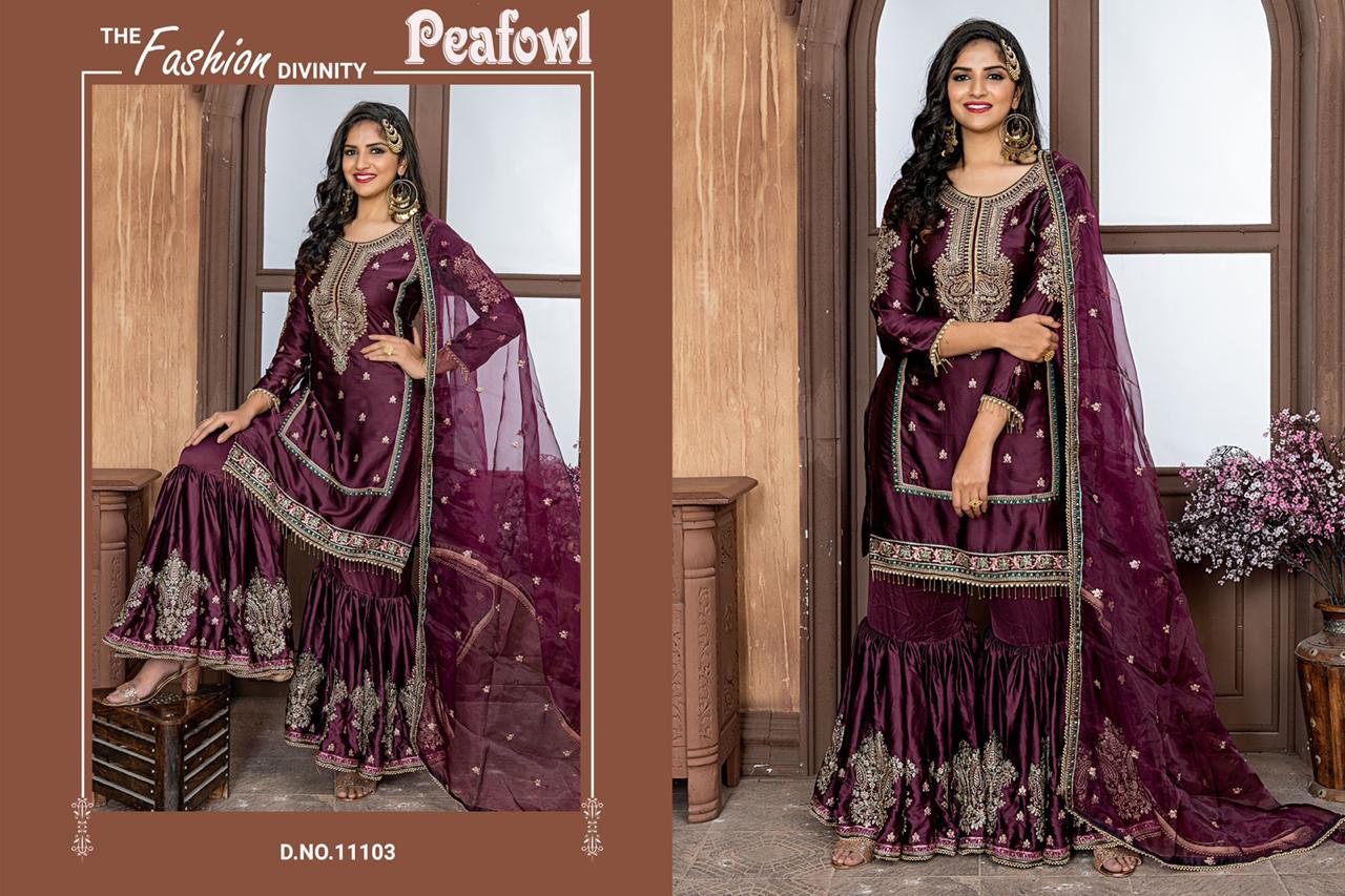 Peafowl Vol-33 By Peafowl 11101 To 11106 Series Designer Sharara Suits Collection Beautiful Stylish Fancy Colorful Party Wear & Occasional Wear Zorba/ Malai Satin / Rangoli Dresses At Wholesale Price