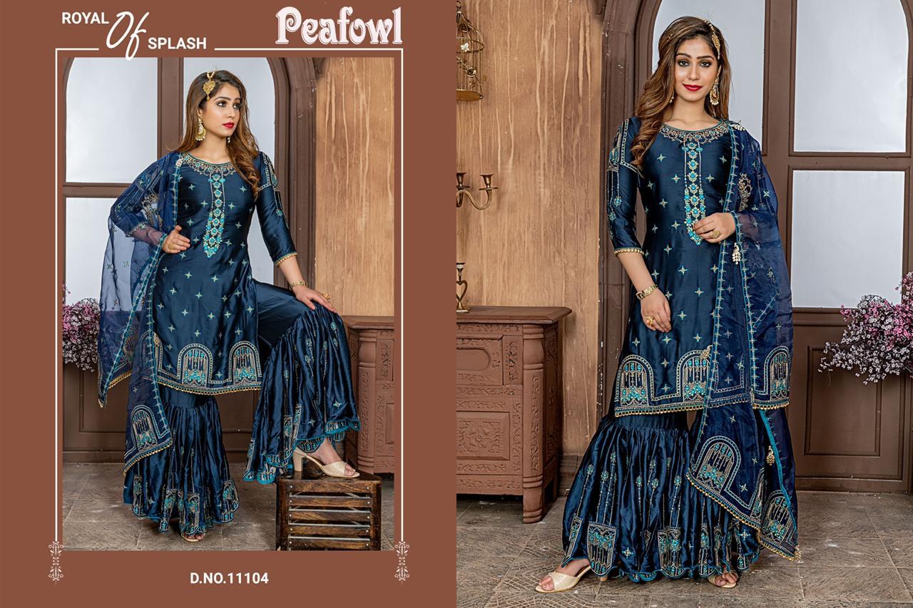 Peafowl Vol-33 By Peafowl 11101 To 11106 Series Designer Sharara Suits Collection Beautiful Stylish Fancy Colorful Party Wear & Occasional Wear Zorba/ Malai Satin / Rangoli Dresses At Wholesale Price