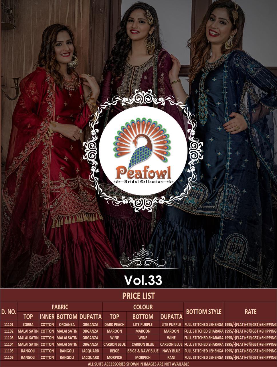 Peafowl Vol-33 By Peafowl 11101 To 11106 Series Designer Sharara Suits Collection Beautiful Stylish Fancy Colorful Party Wear & Occasional Wear Zorba/ Malai Satin / Rangoli Dresses At Wholesale Price