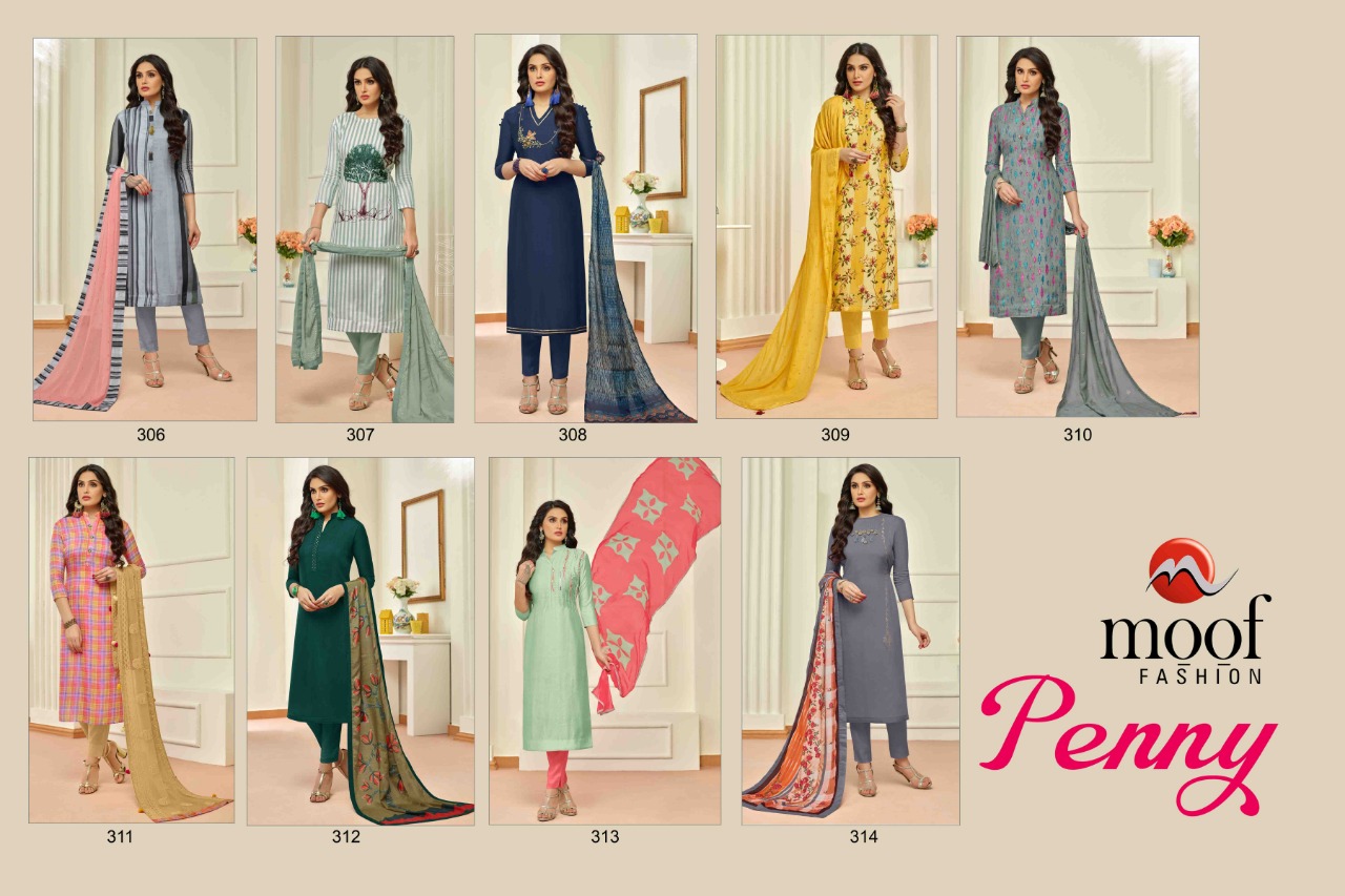 Penny By Moof Fashion 306 To 314 Series Beautiful  Suits Colorful Stylish Fancy Casual Wear & Ethnic Wear Cotton Satin & Muslin With Work Dresses At Wholesale Price